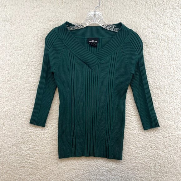 It's Our Time Tops - Y2K 2000s It's Our Time Hunter Forest Green Rib Knit V-Neck Wide Shoulder Top L